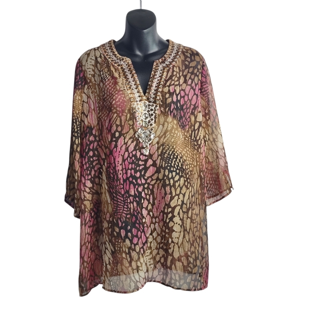 Chico's Women's Multicolor Abstract Embellished Tunic V-Neck 3/4 Sleeve Size 1